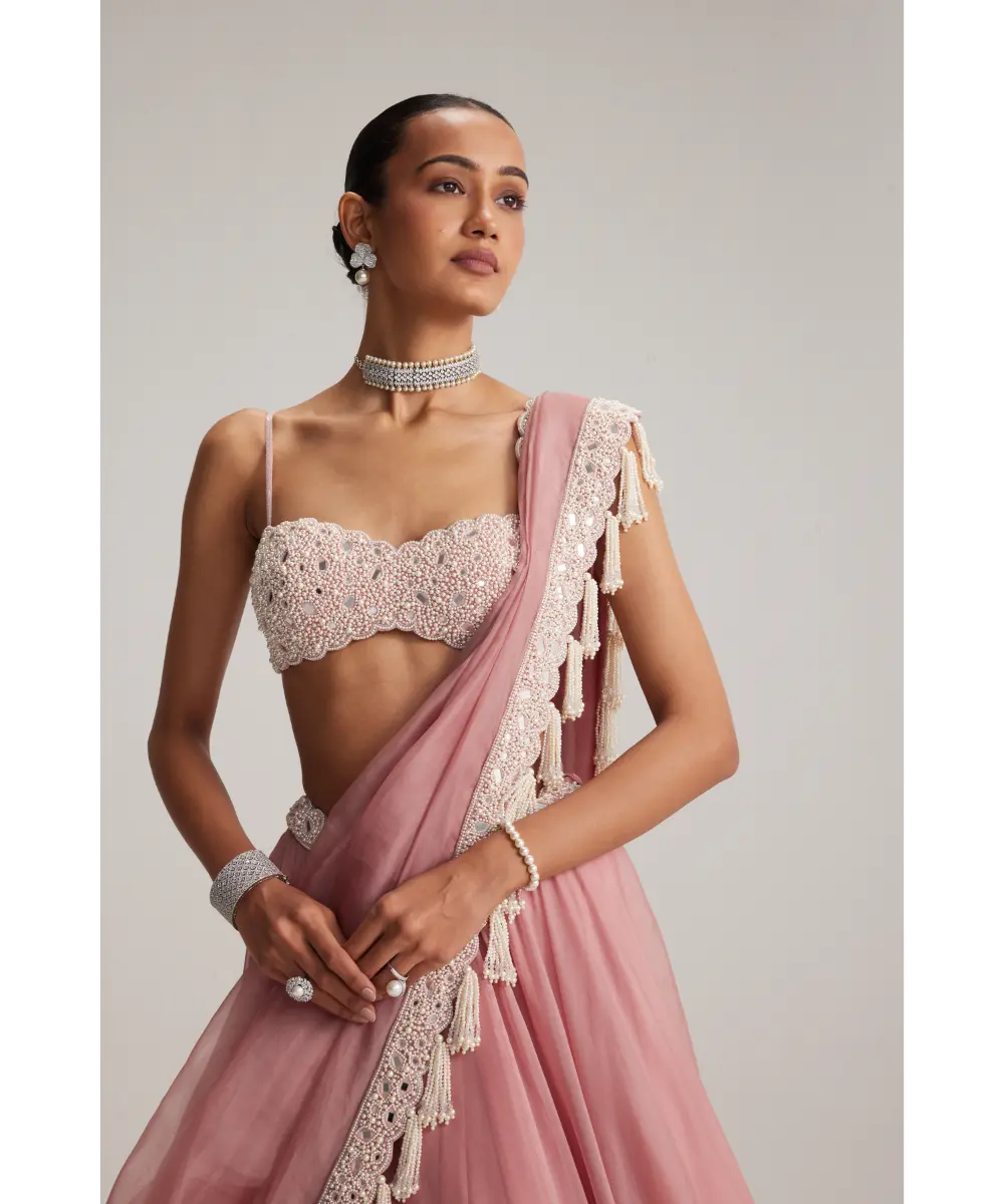 VVANI VATS- Dusty Rose Organza mirror and pearl lehenga set